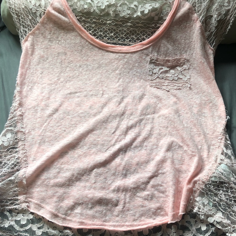 Hollister Light Pink Lace-Accent Short Sleeve Tee Y2K